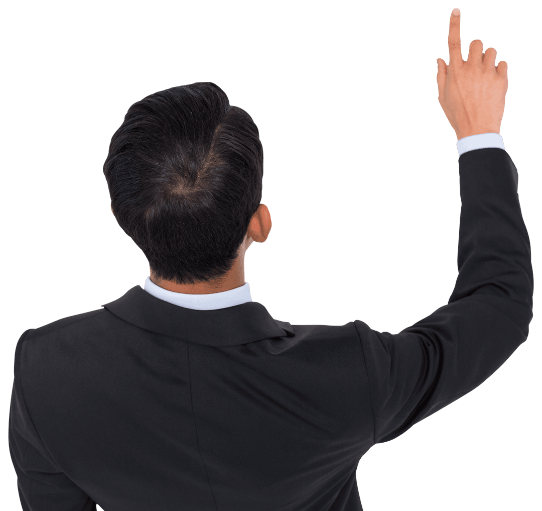 Biracial Businessman Pointing Upwards on Transparent Background