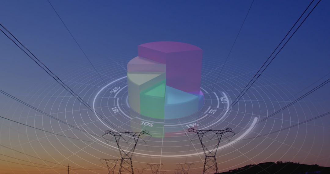 Digital Data Visualization on Electricity Grid Lines at Sunset