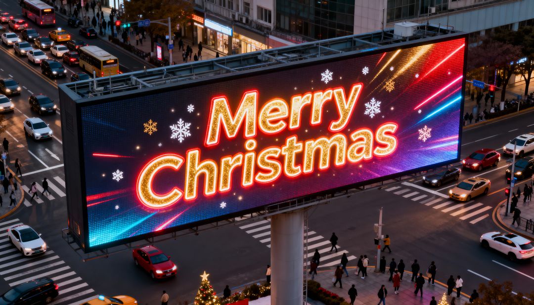 Merry Christmas Neon Billboard Lighting Busy Urban Intersection at Dusk