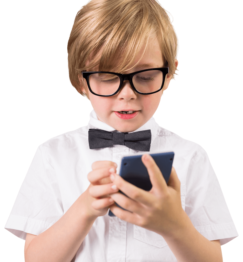 Focused Boy With Glasses Using Smartphone Transparent Background