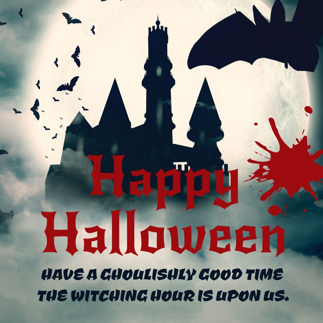 Spooky Halloween Scene with Haunted Castle and Bats