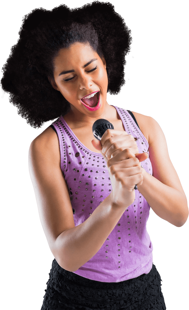 Biracial Woman Ecstatically Singing with Microphone on Transparent Background