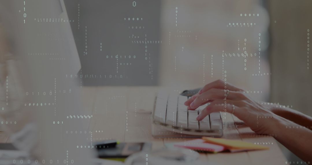 Abstract Binary Code Overlay with Woman Typing on Keyboard