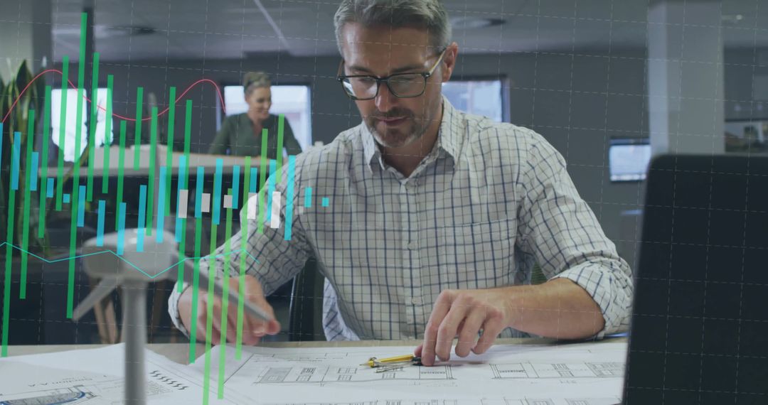 Architect Analyzing Blueprints with Digital Data Overlay