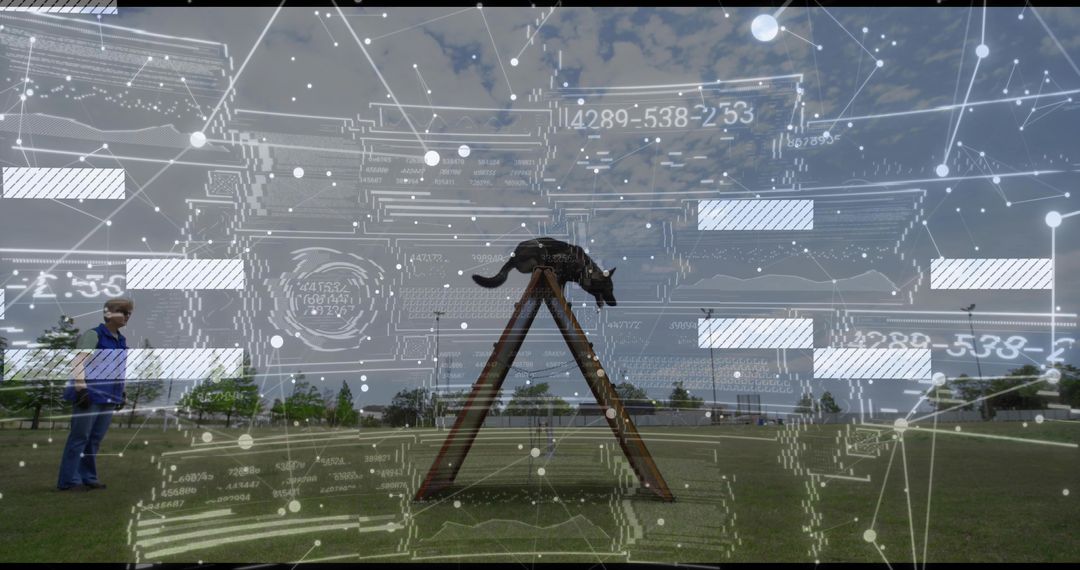 Black Dog Navigating Ramp with Futuristic Data Virtual Display