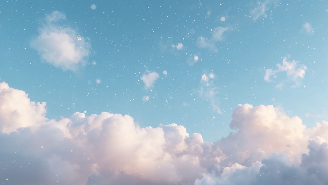 Drifting Cumulus Clouds Glowing in Pastel Dawn Sky with Sparkling Light Particles