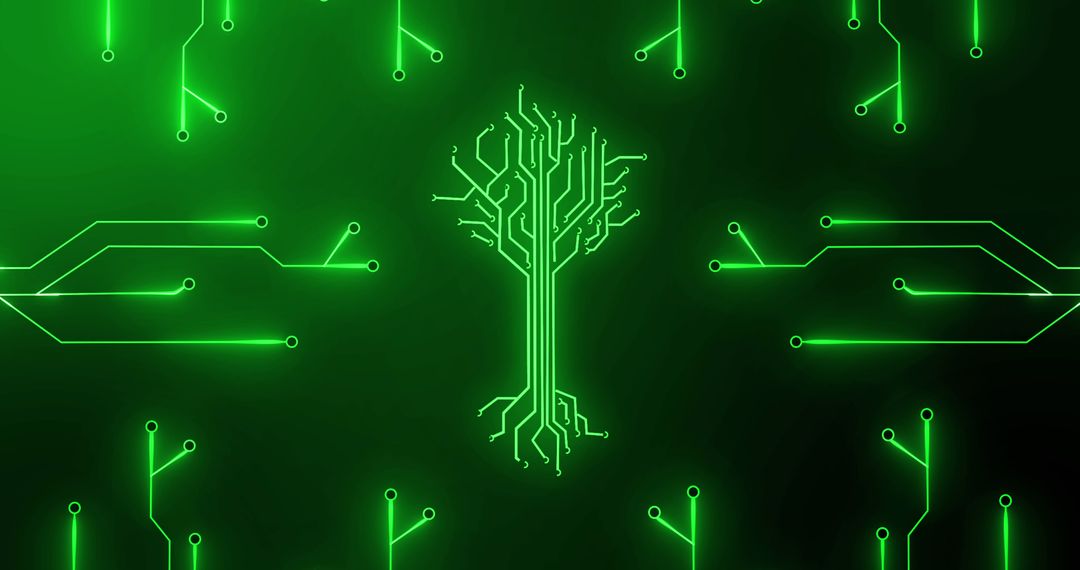 Futuristic Digital Tree Circuit Design on Green Background