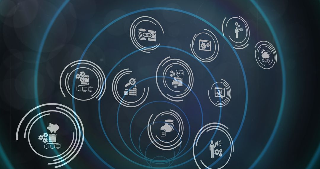 Futuristic Technology Icons with Neon Effects in Digital Space