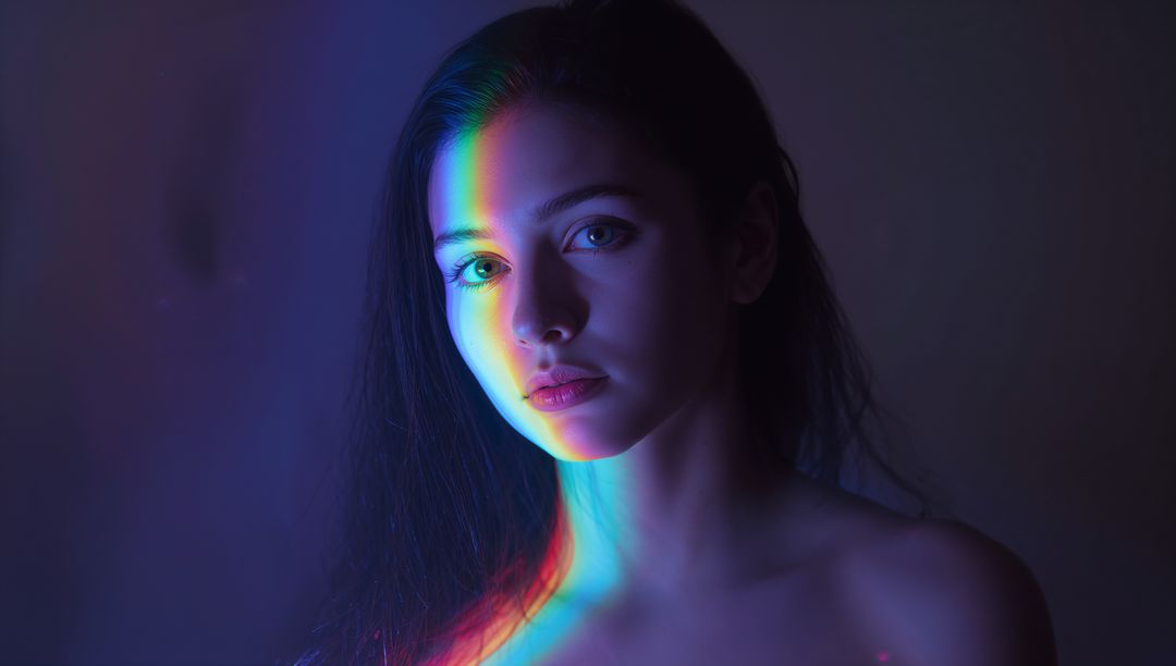 Rainbow Reflection on Woman's Face in Moody Lighting