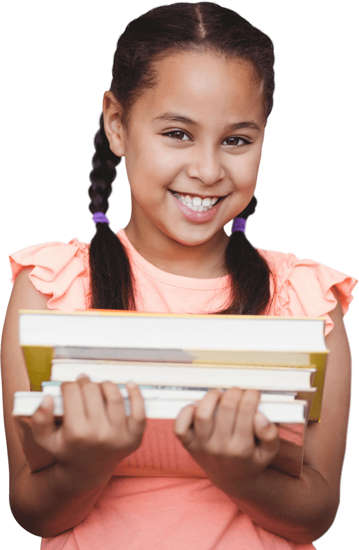 Smiling Schoolgirl Holding Books with Pigtails on Transparent Background