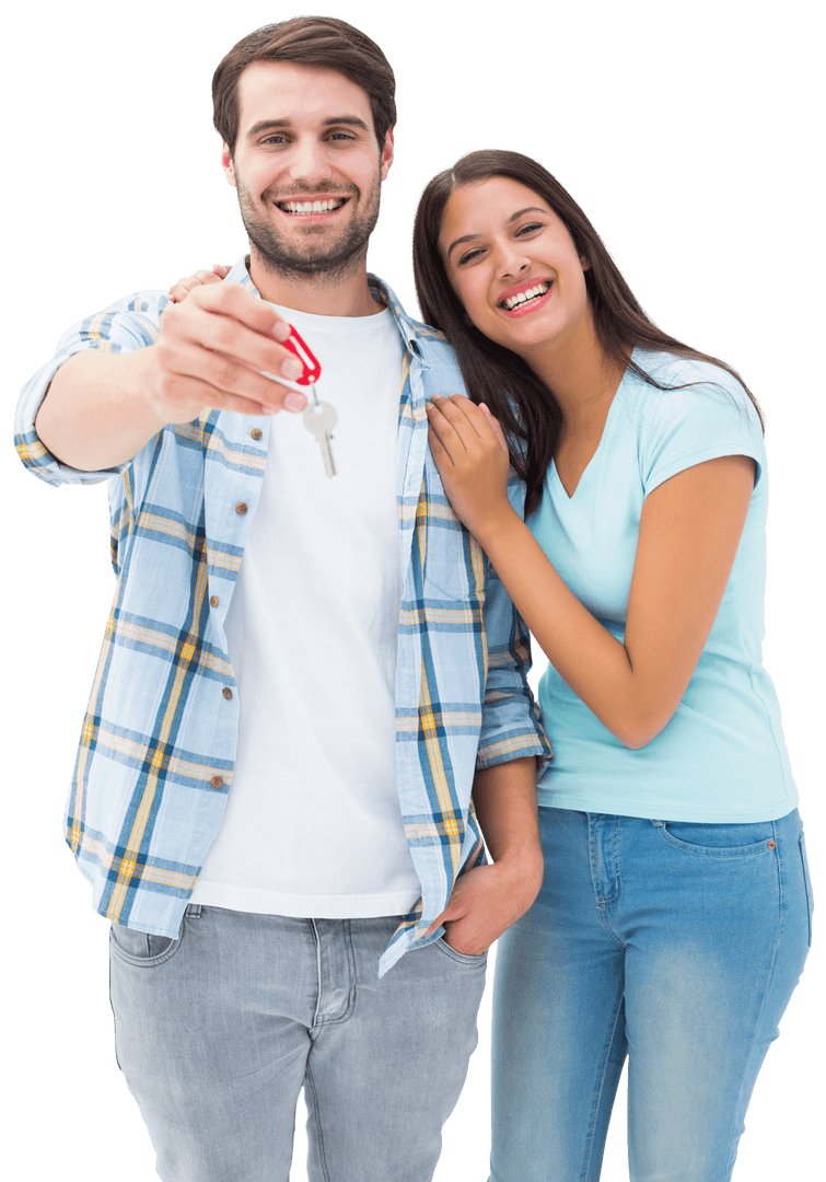 Cheerful Couple Holding Key to New Home on Transparent Background