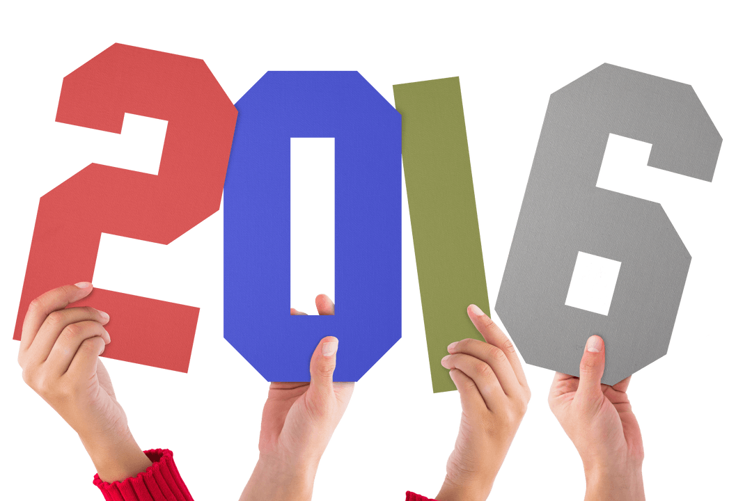 Hands Holding Colorful 2016 Numbers with Transparent Background
