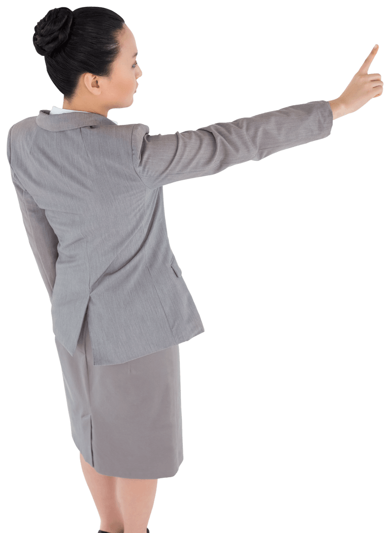 Asian Businesswoman in Gray Suit Pointing-Transparent Background