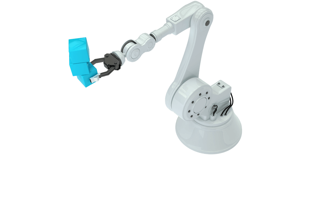 Transparent Robotic Arm Holding Stack of Blue 3D Boxes