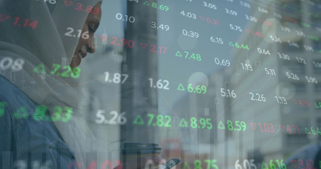 Woman in Hijab Checking Stocks on Mobile with Trading Figures Overlay