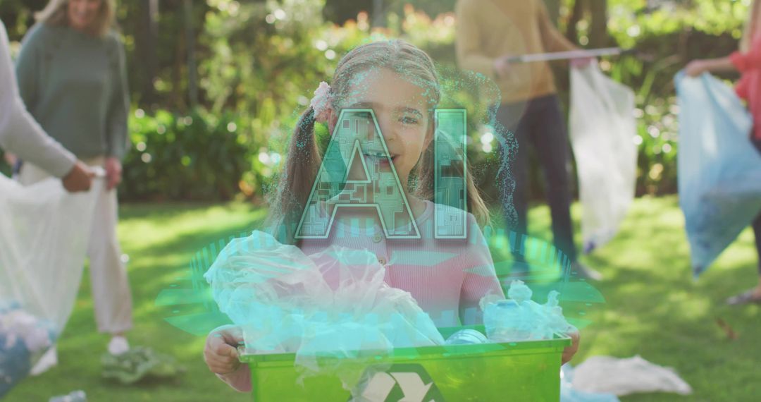 Girl collecting recyclables in park with AI hologram overlay promoting community cleanup