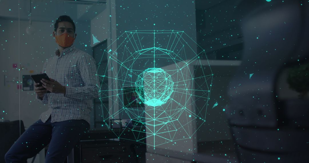 Masked Professional Using Tablet with Digital Network Overlay