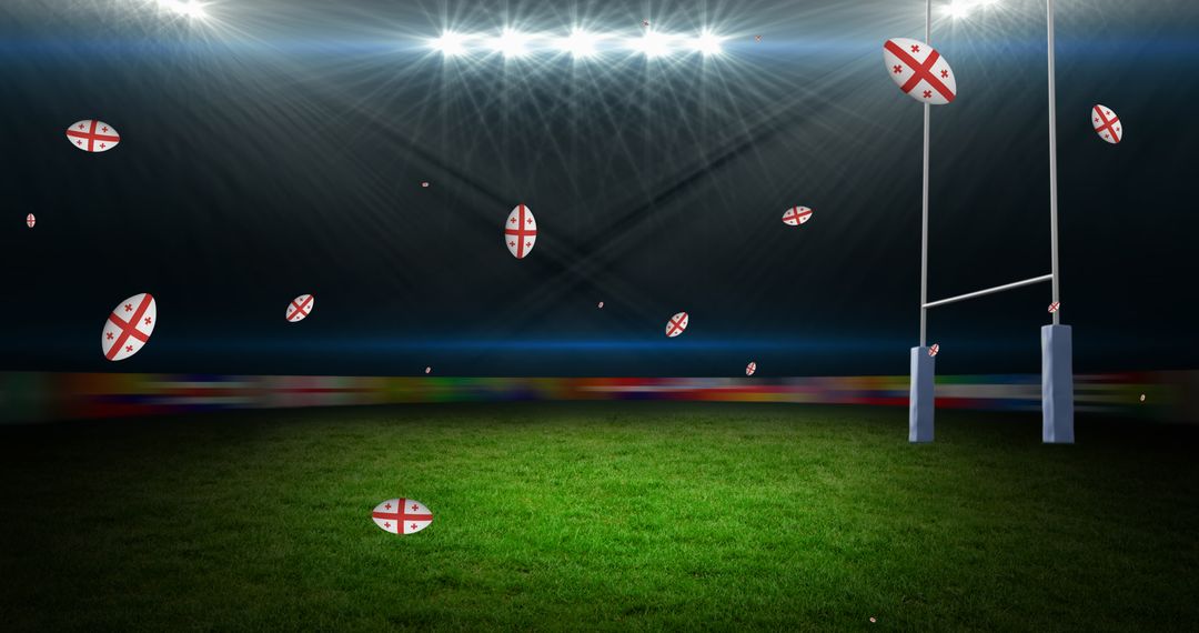 Rugby Balls Displaying Georgian Flag Under Stadium Lights - Free Images, Stock Photos and Pictures on Pikwizard.com