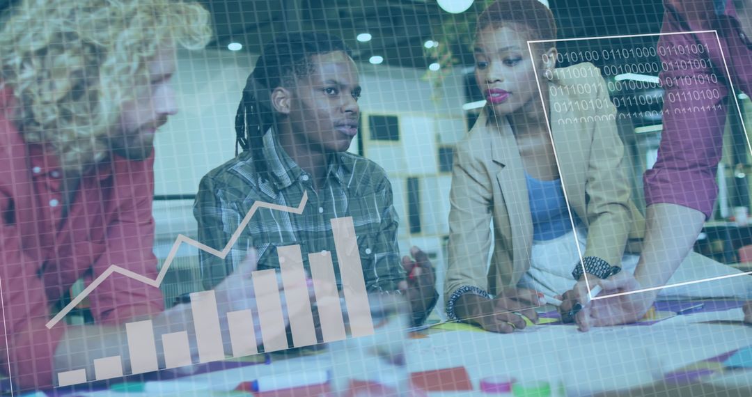 Multiracial Team Analyzing Data with Graphs and Code Overlay