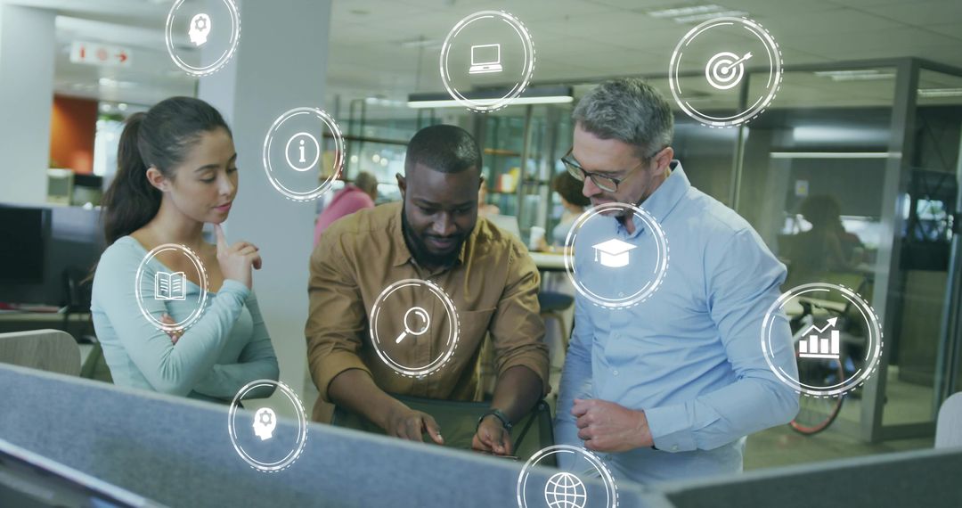 Colleagues Discussing Project with Data Icons Present in Office