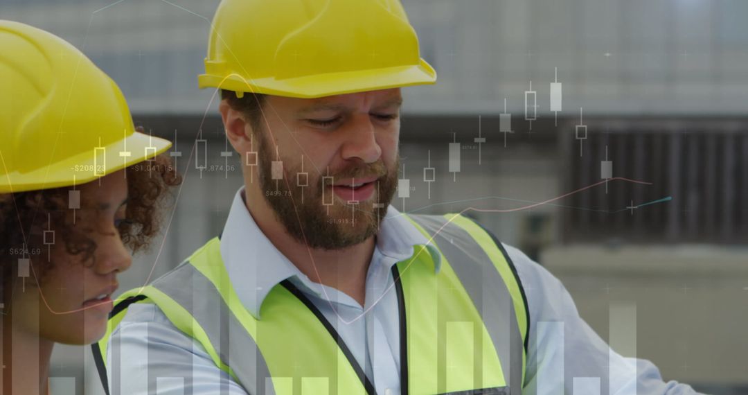 Architects Discussing Plans at Construction Site with Data Overlay