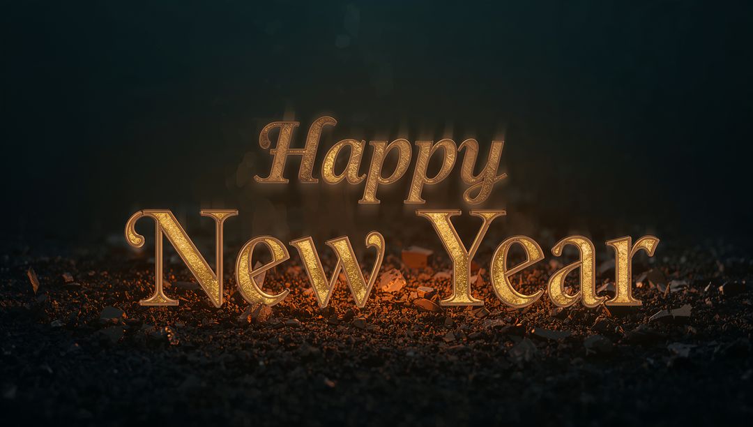 Glowing Gold 3D Happy New Year Lettering with Embers, Sparkle and Dark Bokeh