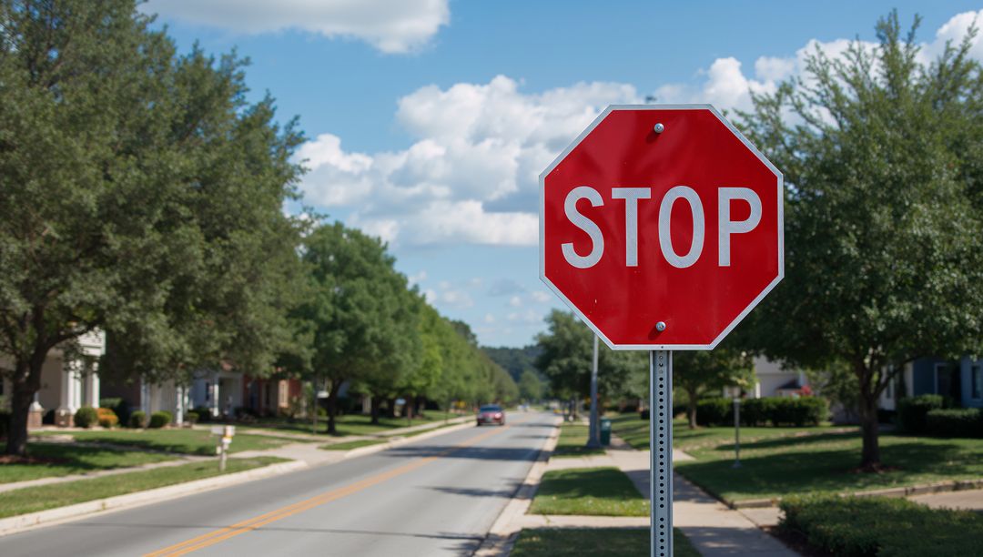 Red stop sign dominating suburban street, marking traffic control on tree-lined road