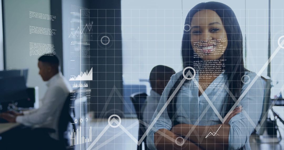 Businesswoman in Modern Office with Data Analytics Interface