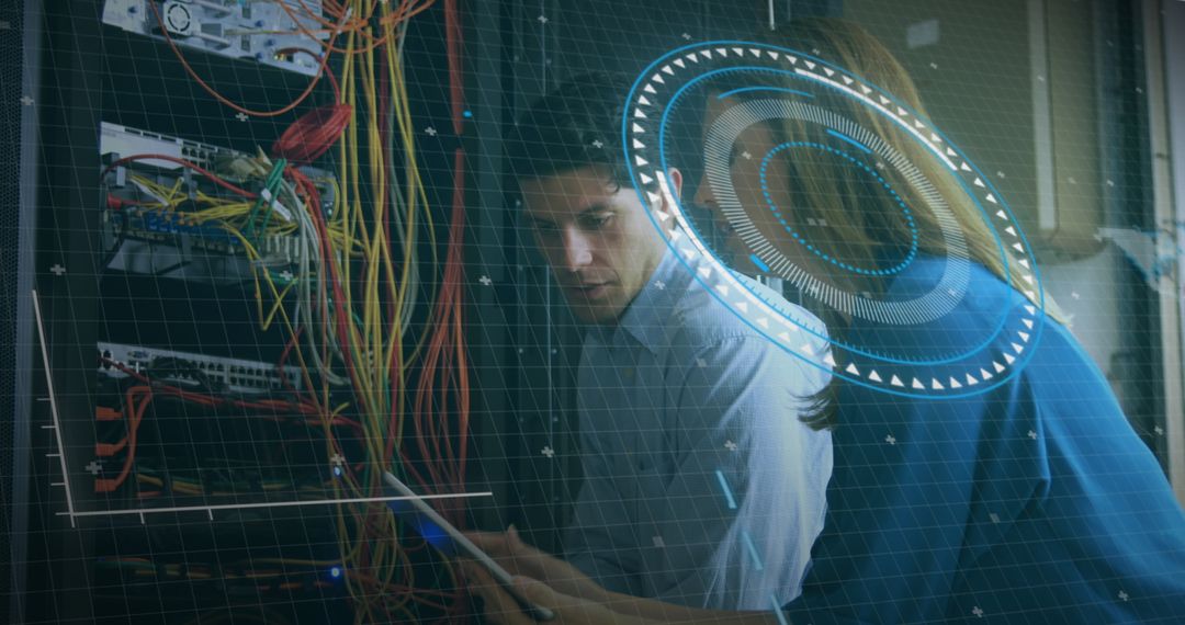 Technicians Analyzing Data Network Cables High-Tech Overlay