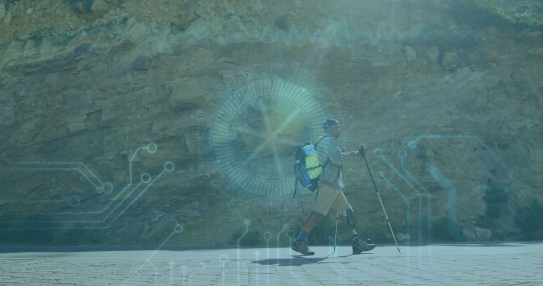 Man with Prosthetic Leg Hiking on Rocky Trail with Tech Overlay