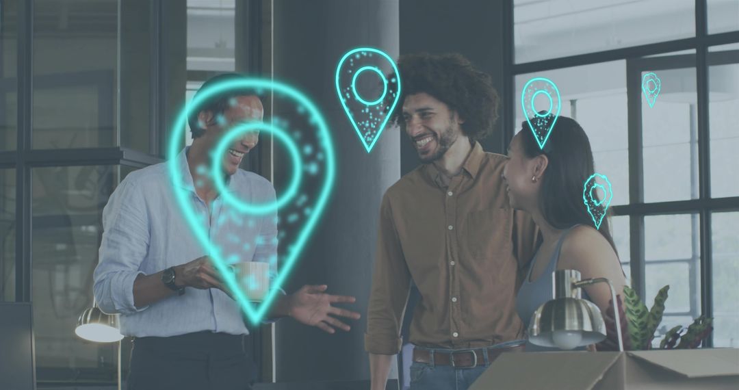 Coworkers using augmented reality location pins in modern office, collaborating and laughing