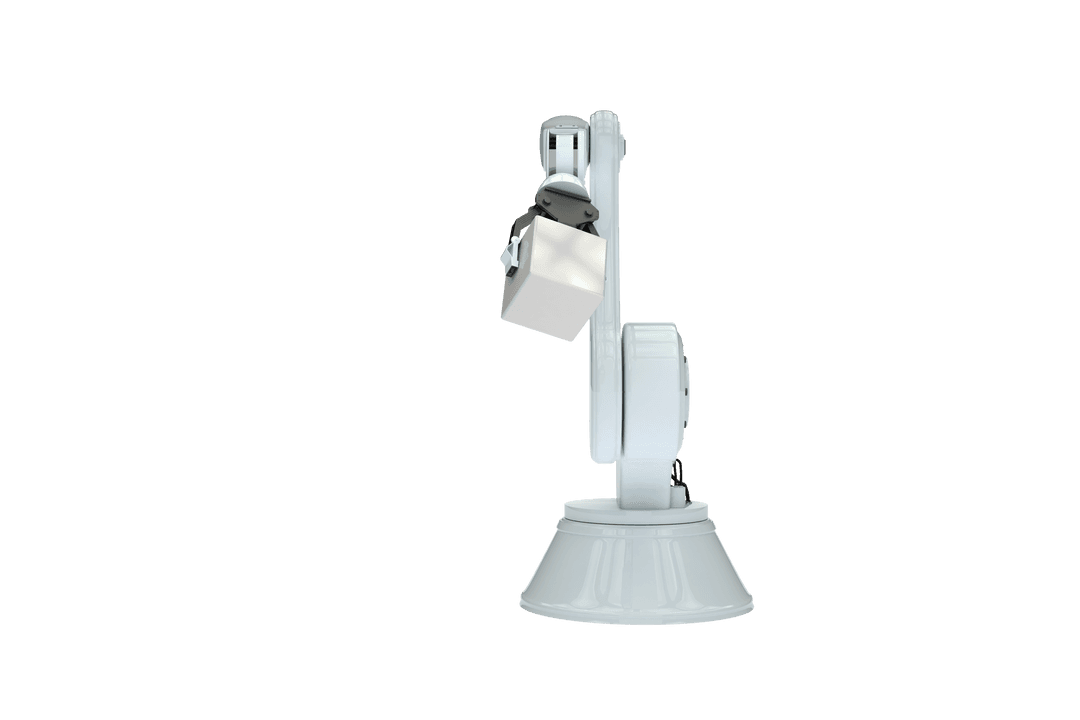 Transparent Robotic Hand Holding Metallic Cube Isolated