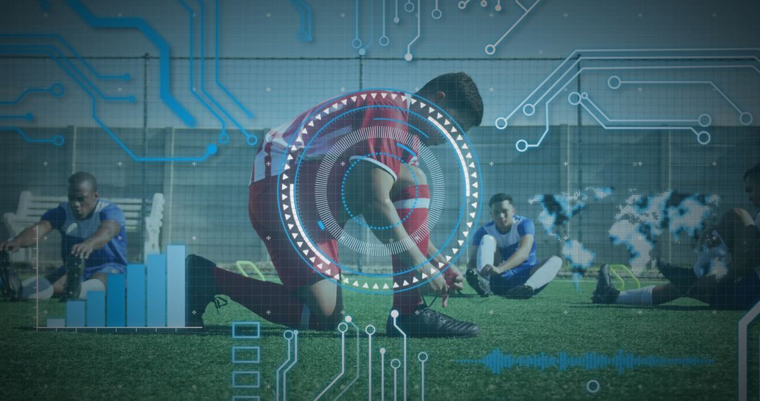 Soccer Player Tying Shoes with Digital Interface Overlay