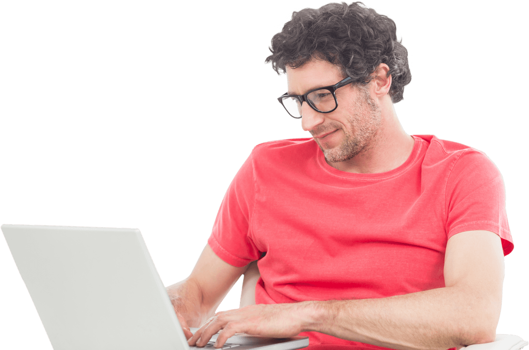 Happy Man in Red Shirt Typing on Laptop Transparent Background