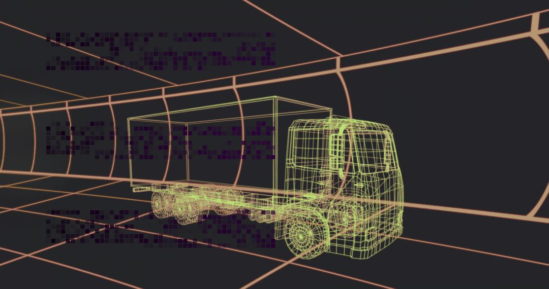 Floating Cargo Truck Wireframe in Digital Tunnel Grid