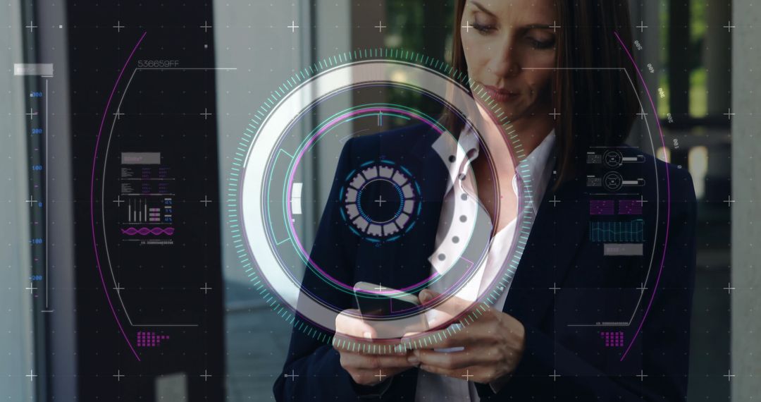 Futuristic Technology Interface with Businesswoman Using Smartphone