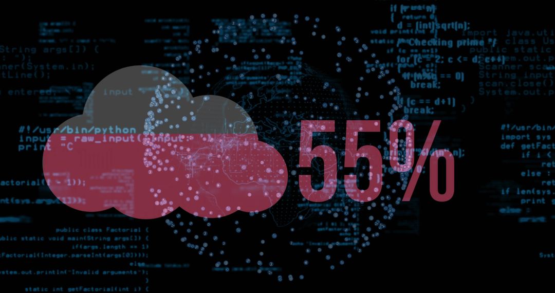 Red Cloud Progress Overlay Showing 55% Over Digital Node Globe With Code Matrix
