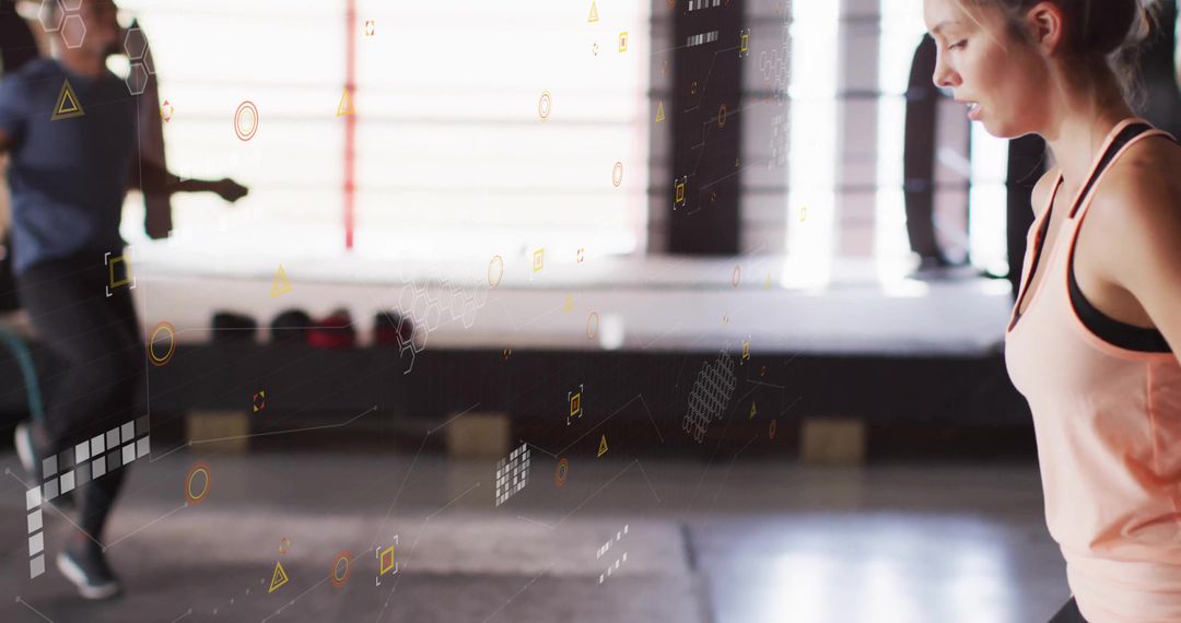 Athletic Woman Jumping Rope in Gym with Digital Graphics