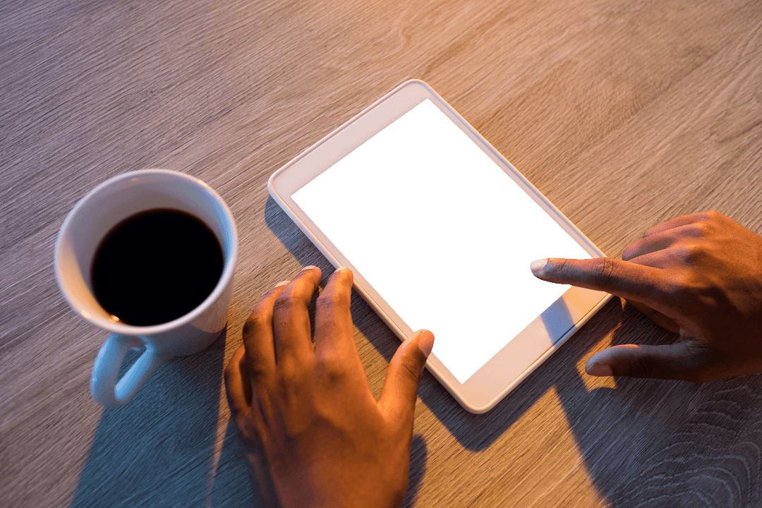 Transparent Digital Tablet Usage with Coffee in Office