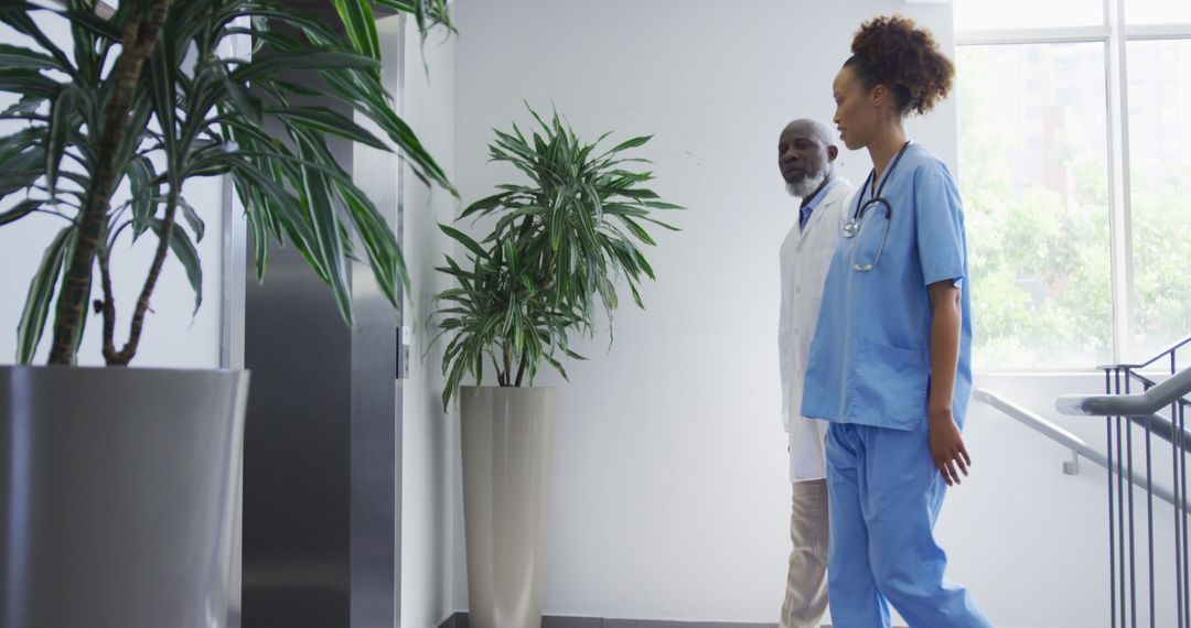 Healthcare Professionals Walking in Modern Hospital Corridor - Free Images, Stock Photos and Pictures on Pikwizard.com