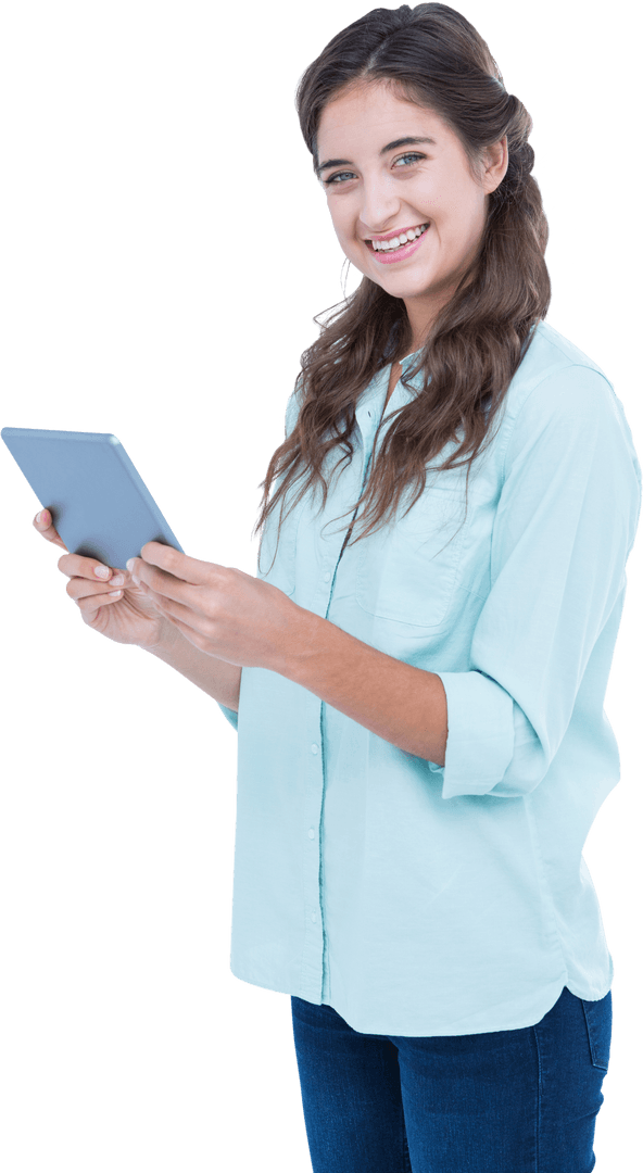Transparent Smiling Young Woman Using Digital Tablet