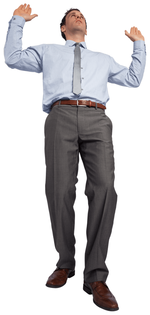 Transparent Businessman with Hands Raised Confident Pose