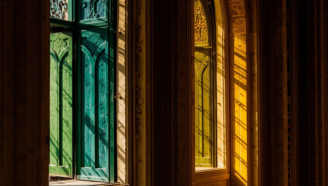 Colorful Arched Windows with Intricate Shadows in Historic Hall