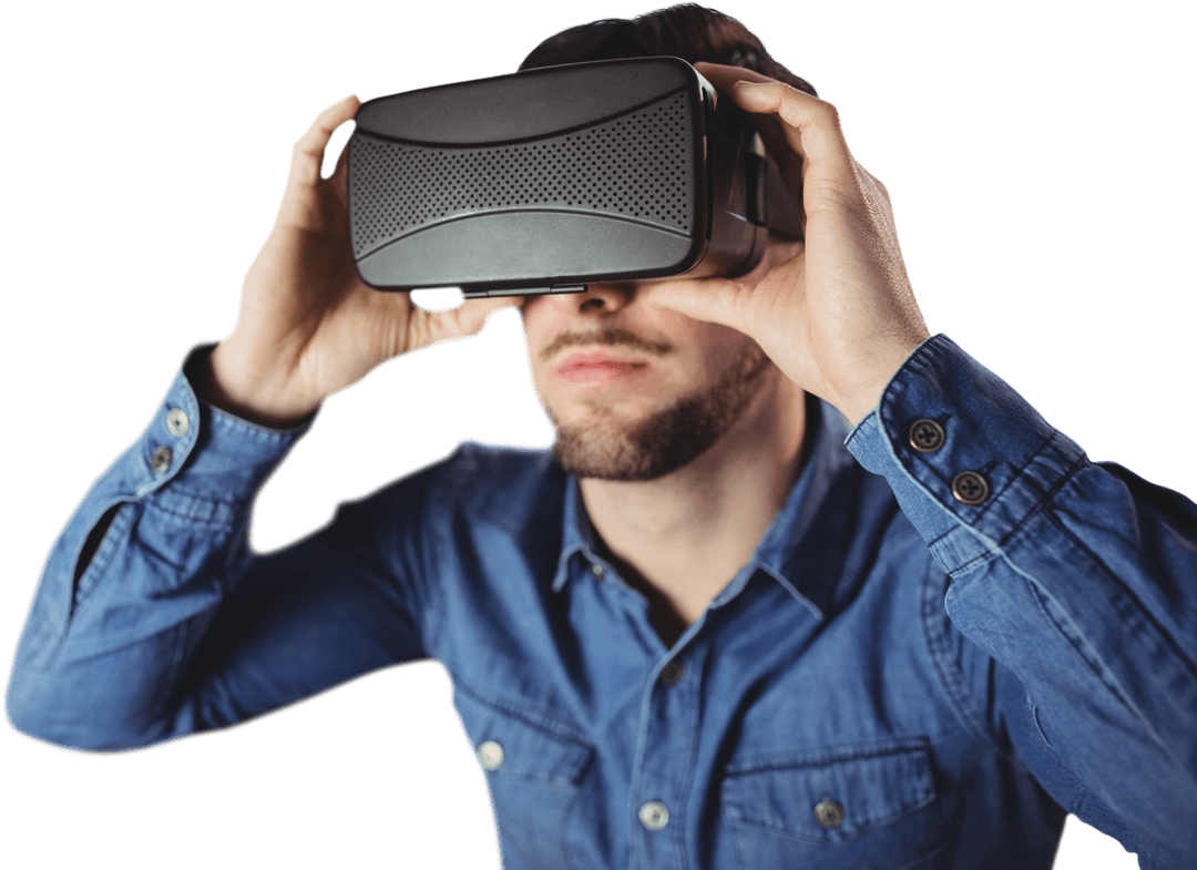 Caucasian Man Interacting with VR Glasses on Transparent Background