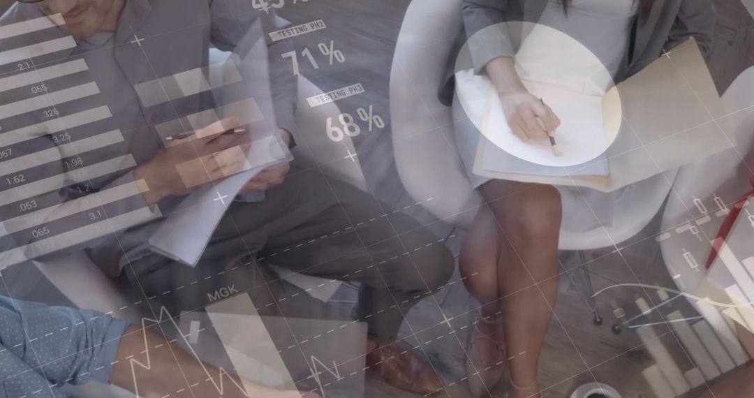 Business Meeting Analyzing Data with Digital Technology Overlay