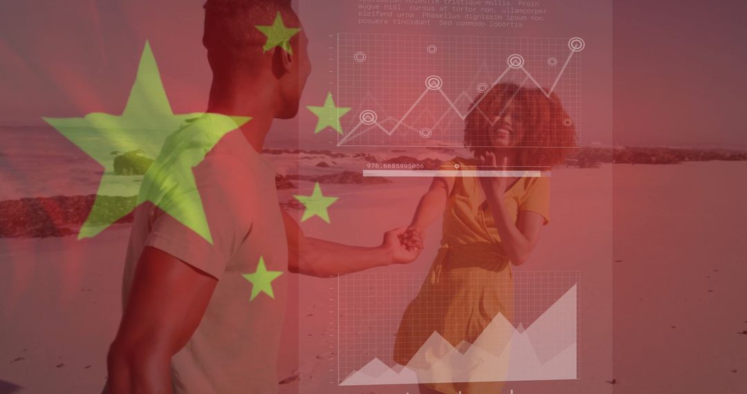 Couple Dancing on Shore with Flag and Data Overlay