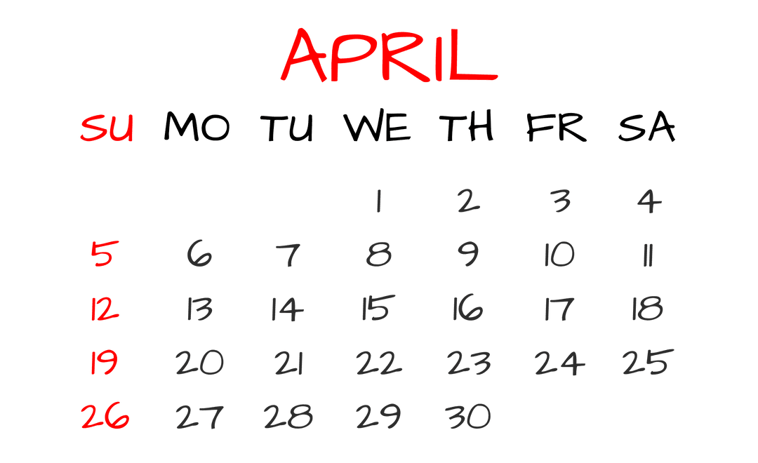 April Month View Calendar on Transparent Background