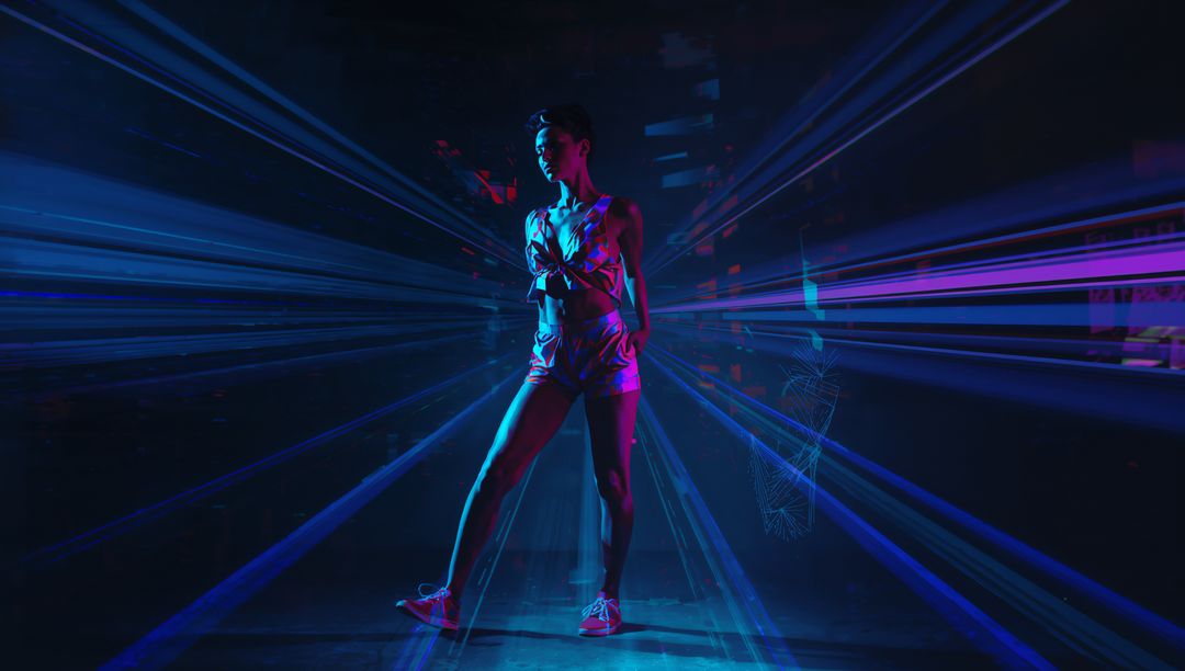 Asian Dancer in Neon Abstract Silhouette