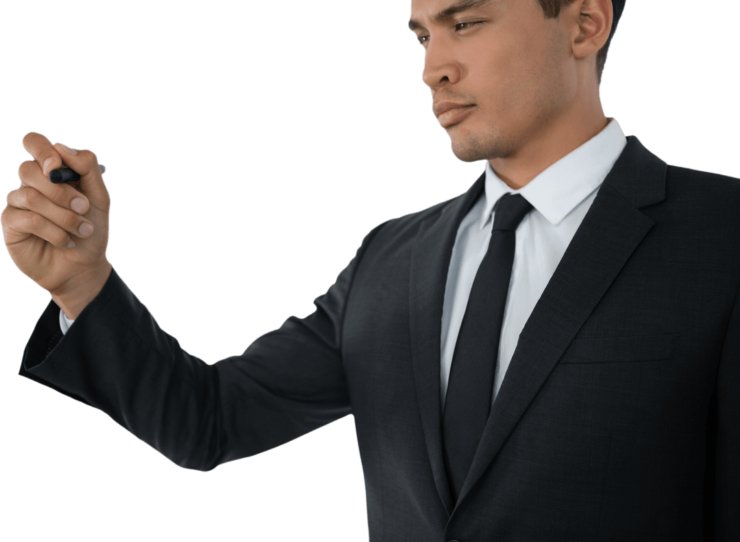Transparent Businessman Writing on Virtual Interface in Suit