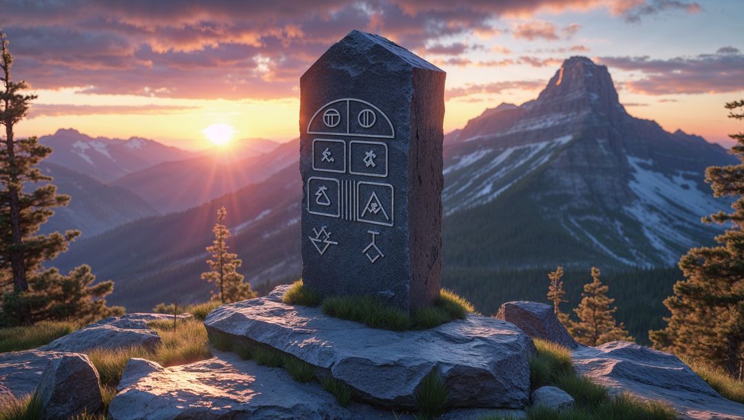 Mysterious Carved Monolith Overlooking Majestic Mountain Valley